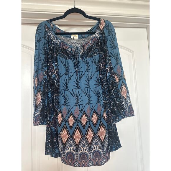 Fig and Flower Blue with Mauve Pink Boho Pattern Blouse - Picture 2 of 6